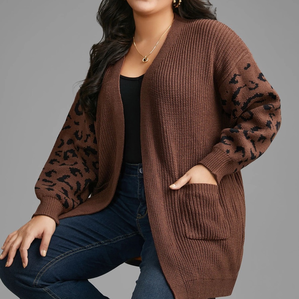 Bloomchic Brown Leopard Print Lantern Sleeve Cardigan Sweater‎